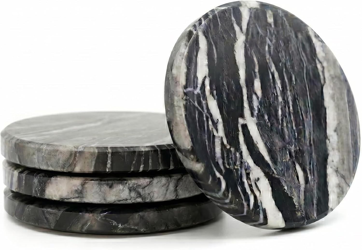 3.5" Round Marble Coasters Set of 4, Black Natural Stone Drink Pads, Non-Slip Backing, Whisky, Cocktail & Brandy Cup Mats, Modern Home Bar Coffee Table Decor, Housewarming Gift