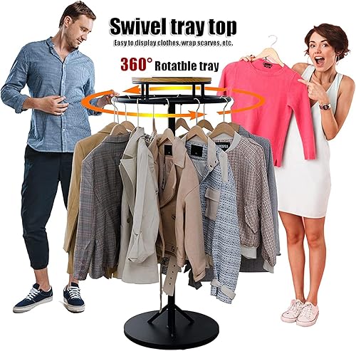 Miniatura 3 de QQXX Perchero redondo de ropa de madera de nogal, escurridor giratorio de ropa, perchero de ropa con parte superior, perchero independiente para