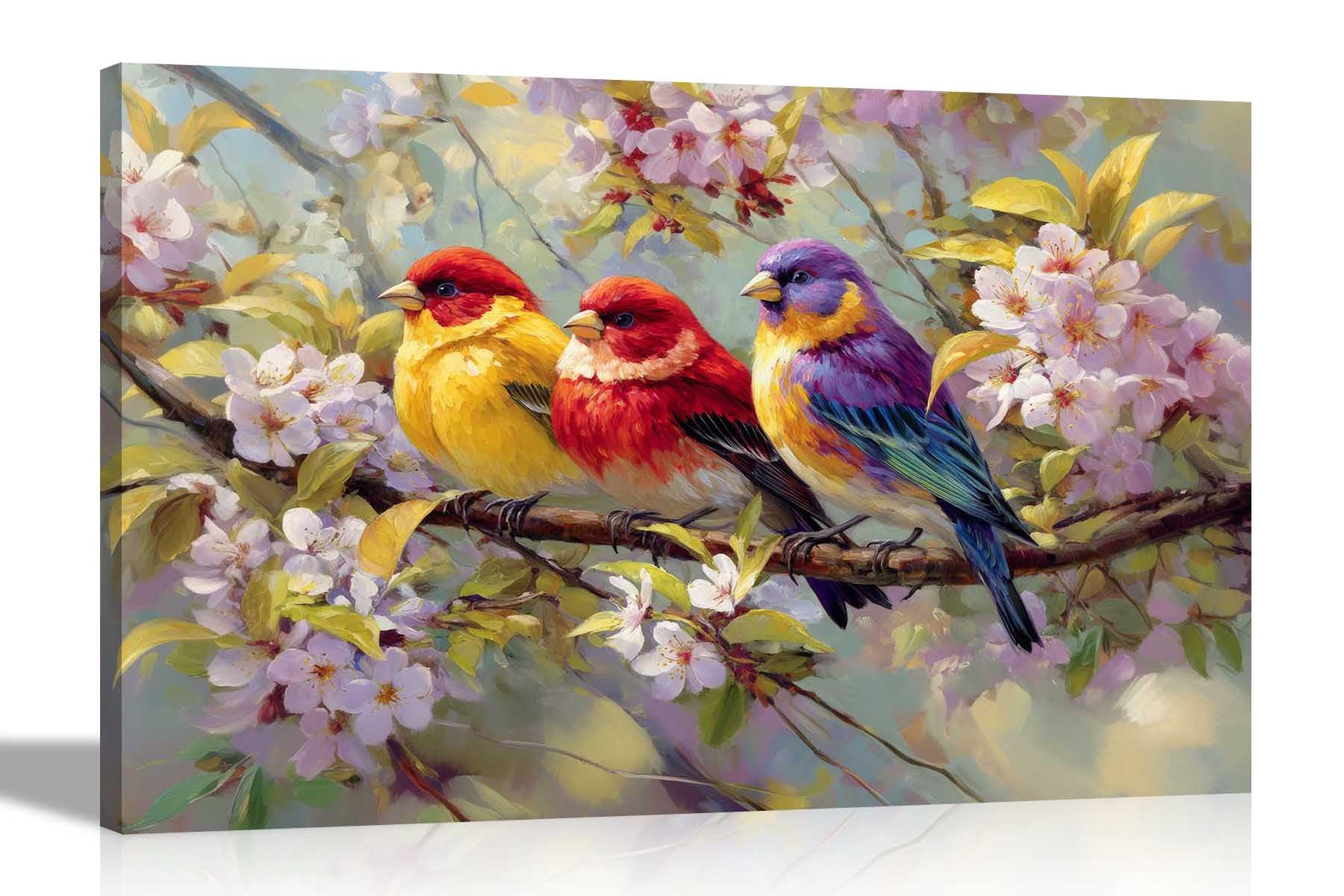 Artley Prints 3 Colourful Birds On Branch - Colourful Birds On Branch Pink Leaves Canvas Prints Modern Home Conservatory Wall Art Perfect For Animal Lovers 40 X 30Cm (16 X 12 Inches) A3