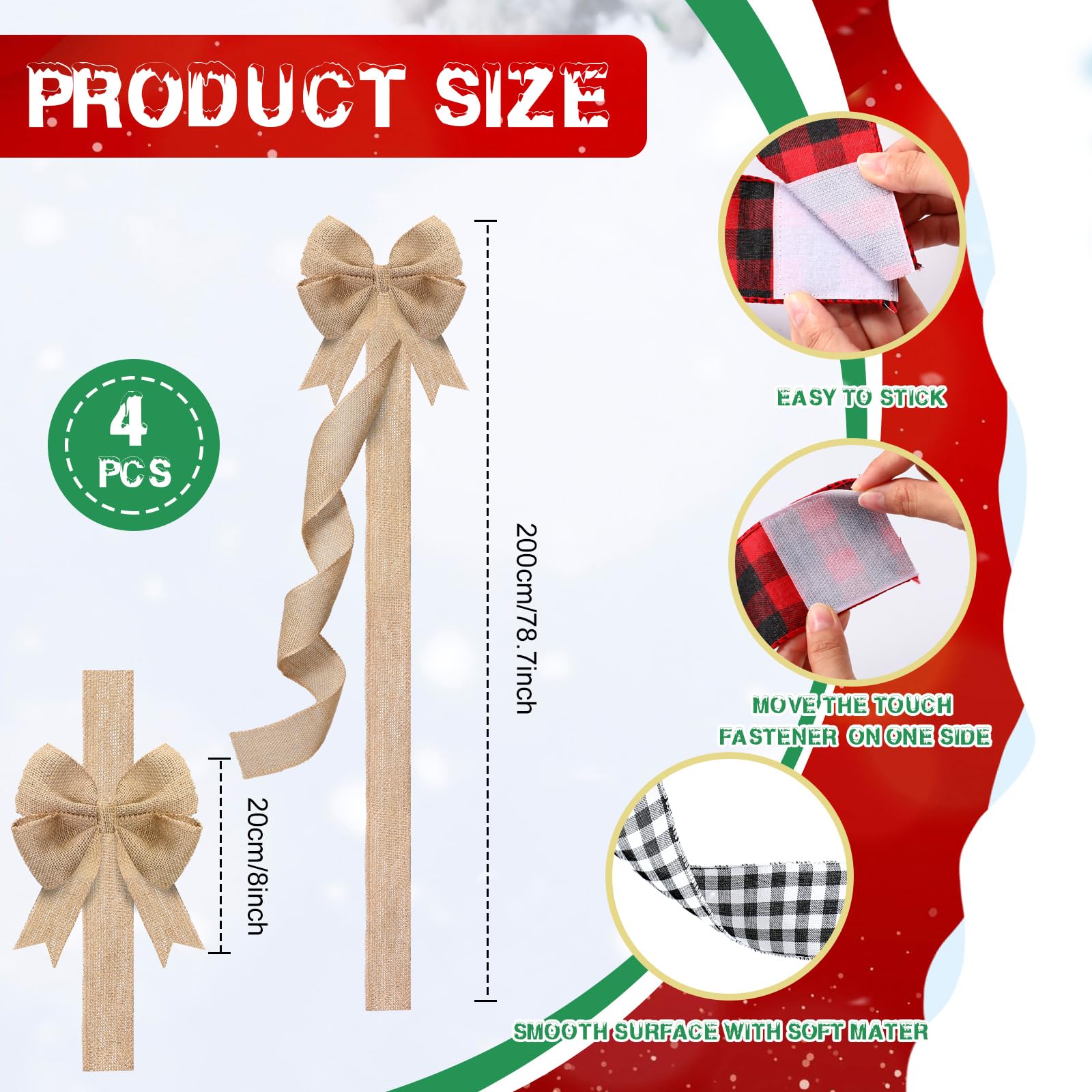 Jexine Lot de 6 décorations de Noël en toile de jute, 4 nœuds en ruban festif et 2 couronnes de Noël à suspendre avec nœud pour Noël et maison