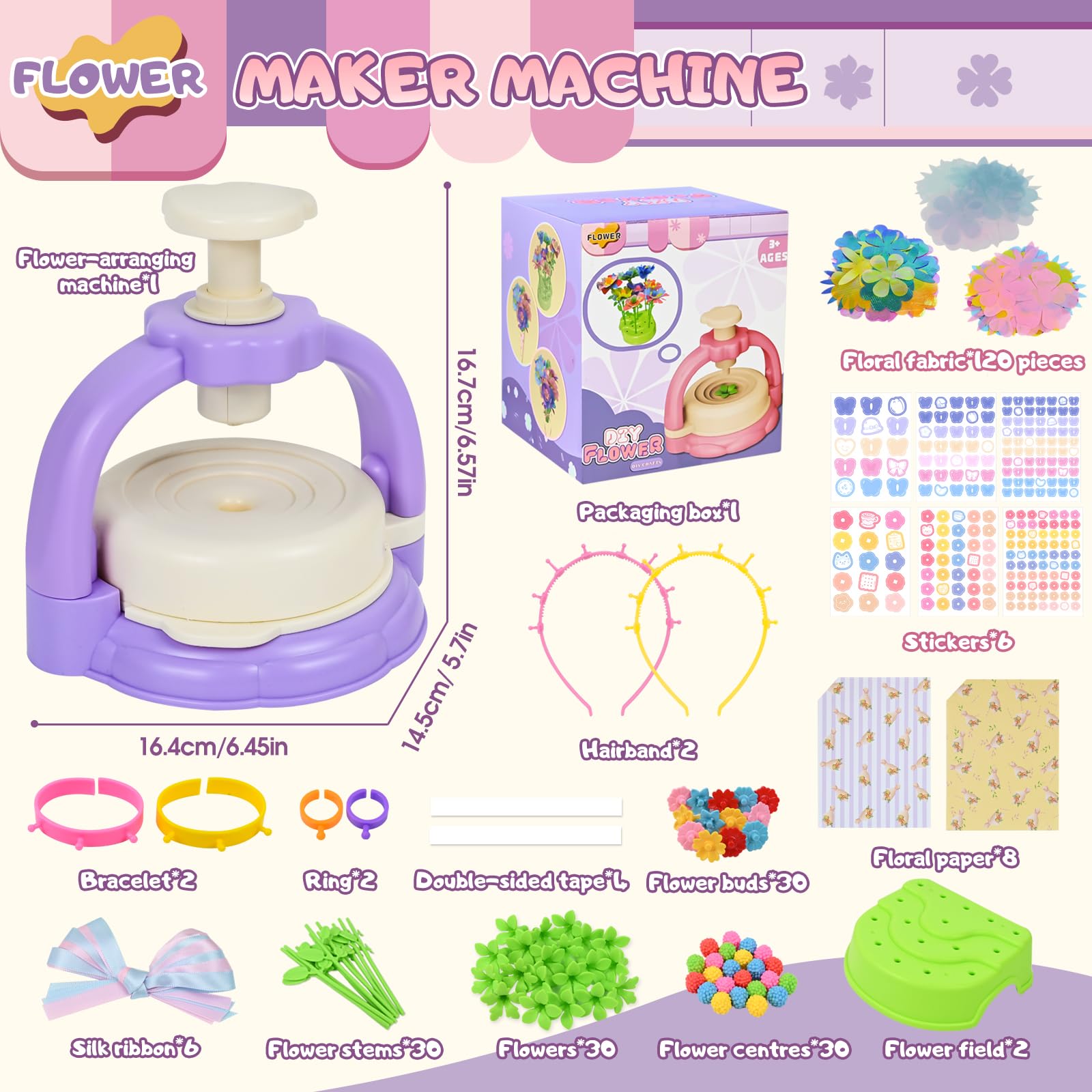 HERMORRYSS Kit di Fiori Creativo per Bambini, Il Laboratorio dei Fiori, DIY Kit Composizione Bouquet, Set Creativo per Mazzi di Fioris con Pressa, Regalo Giocattoli Creativo per Bambina 4+ (Viola)