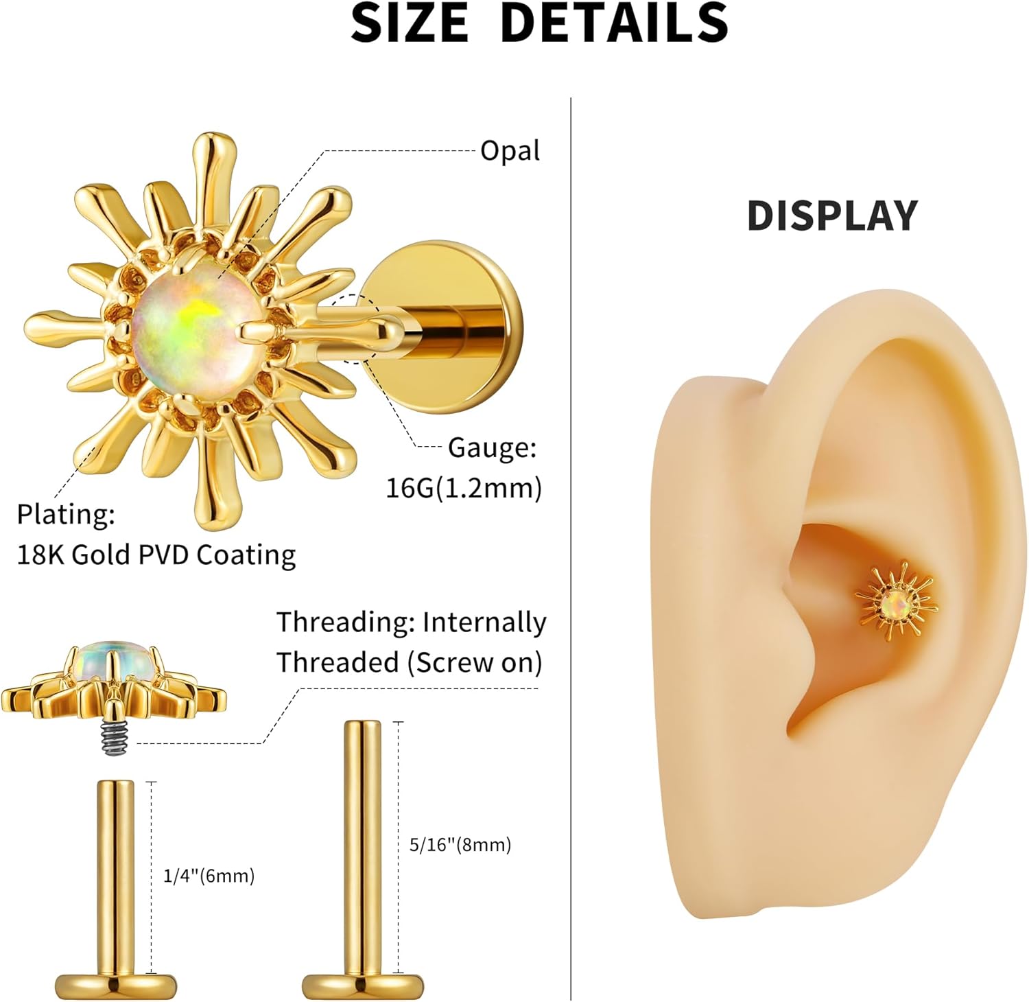 FINE4U ASTM F136 Titanium 16G Flat Back Stud with 6mm 8mm post for Conch Helix Tragus Flat Labret, Hypoallergenic, Internally threaded screw on - Image 2