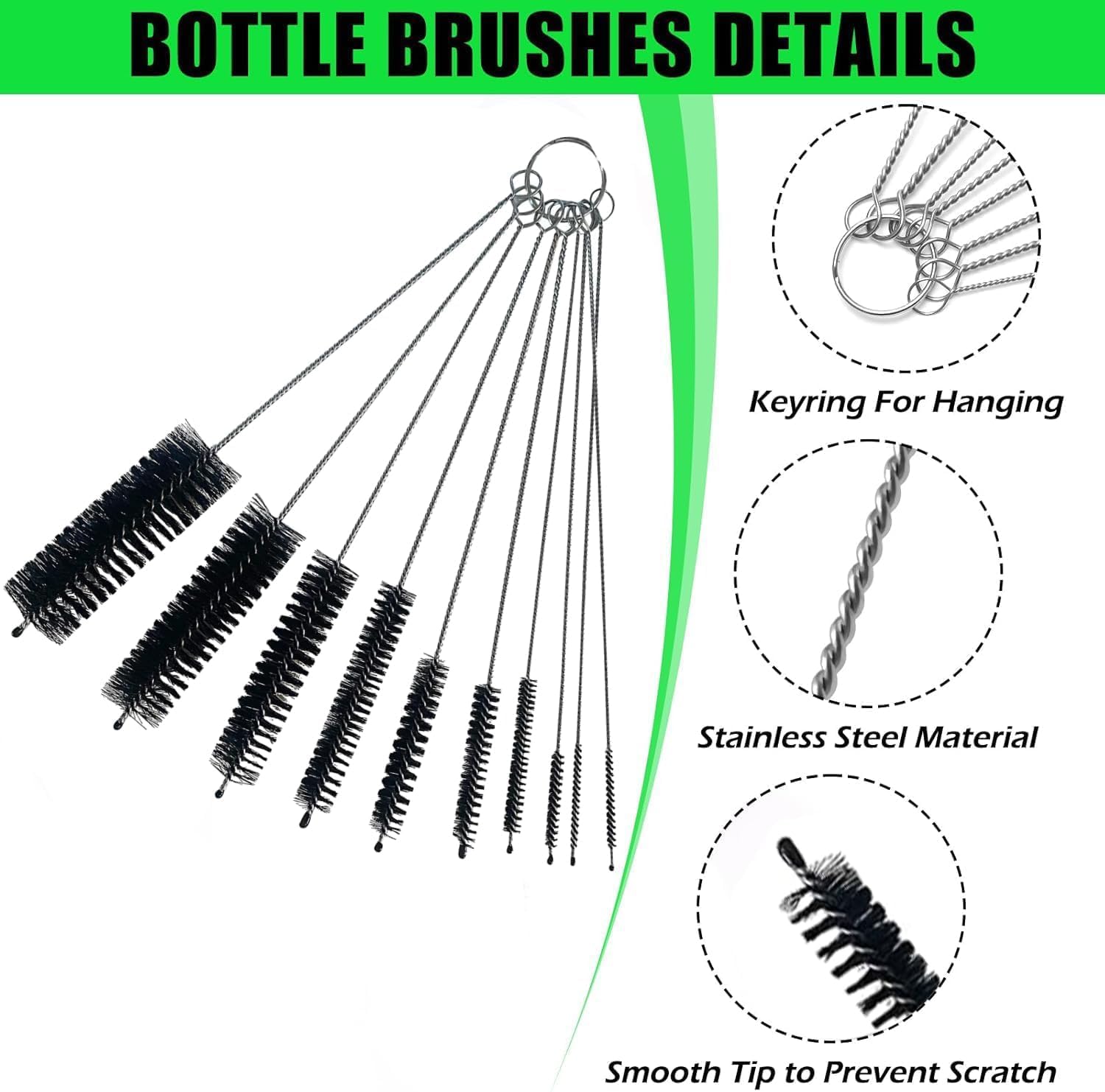 Green Piece Pipe Cleaner Brushes - 10 Pack - Nylon Tube & Straw Brushes image 2