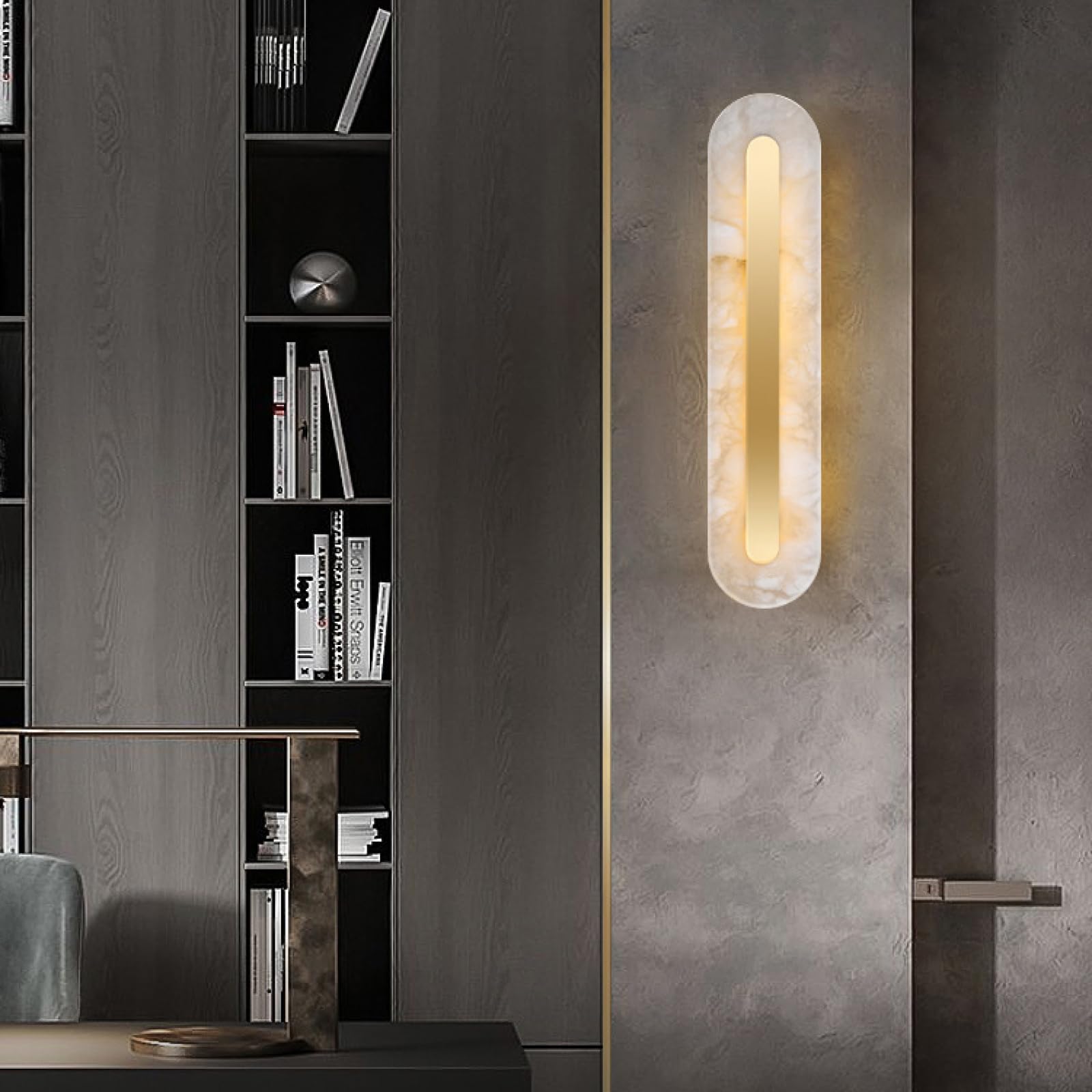 Alabaster Wall Sconces - Modern Natural Marble Wall Lights for Bathroom Vanity - Brass Mount Fixtures for Stairs, Living Room, Bedroom - Indoor Lighting