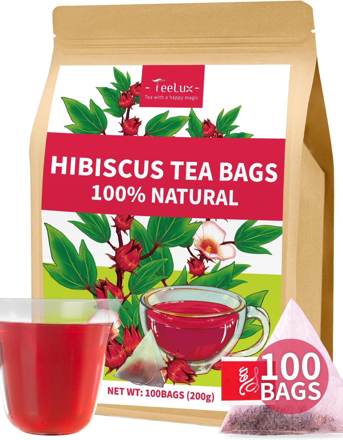 TeeLux Hibiscus Tea Bags, Natural Hibiscus Flowers Herbal Tea, Caffeine Free, Refreshing Tart Flavor, Hot & Iced Tea, 100 Count