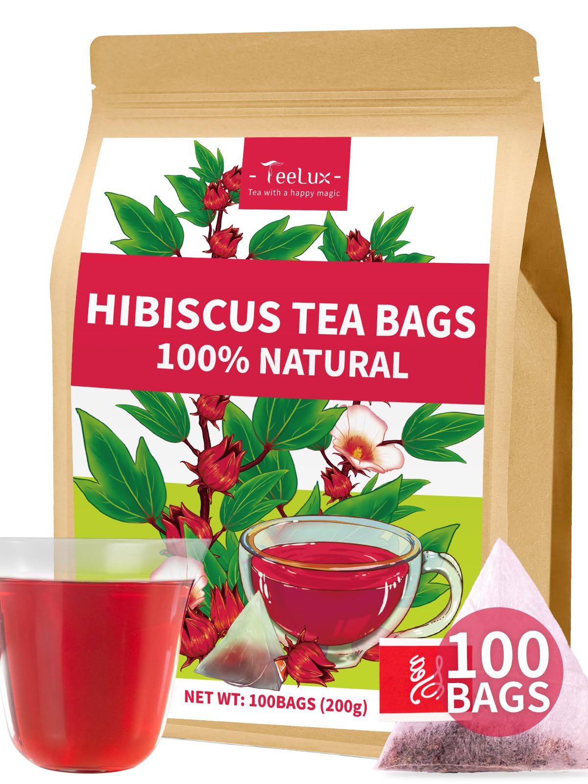 TeeLuxHibiscus Tea Bags, Natural Hibiscus Flowers Herbal Tea, Caffeine Free, Refreshing Tart Flavor, Hot & Iced Tea, 100 Count