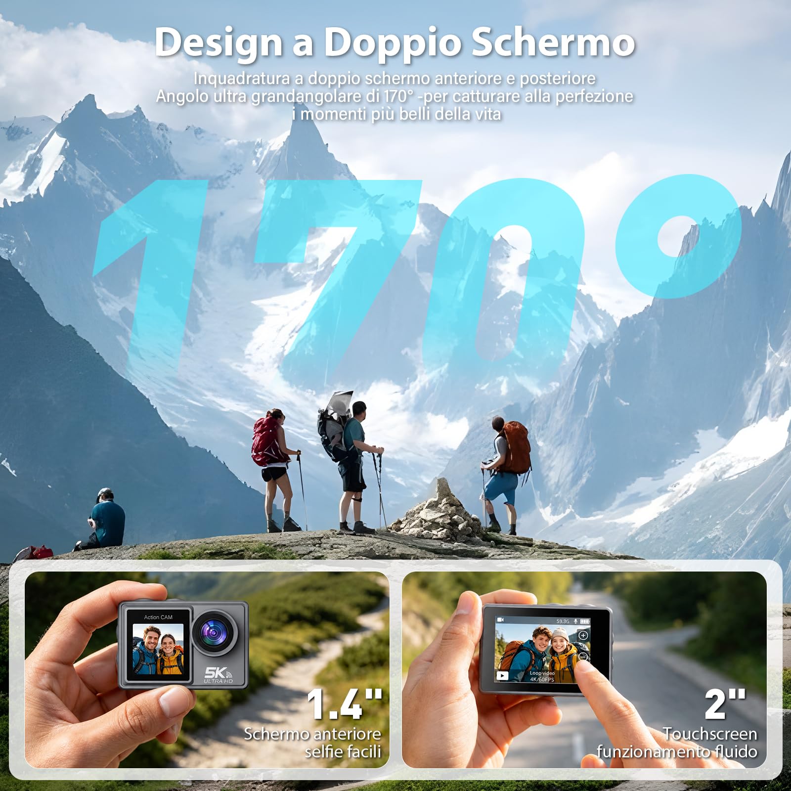 Action Cam 5K/4K 60FPS, 50MP Fotocamera Subacquea Impermeabile 30M, Action Camera con Scheda SD 64GB, EIS, Doppio Schermo, WiFi, Grandangolo 170°, Telecamera per Moto, Bicicletta, Vlog | 5 K 30 FPS / 4 K 60 FPS, foto 50 MP, telecomando incluso