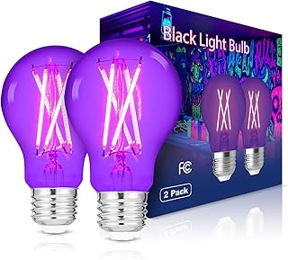 2 Pack Filament LED A19 Black Light Bulbs,6W (60W Equivalent) -E26 Base,UVA Level 390-400nm, Glow in The Dark for Halloween Party, Body Paint, Neon Glow, Fluorescent Posters Decor
