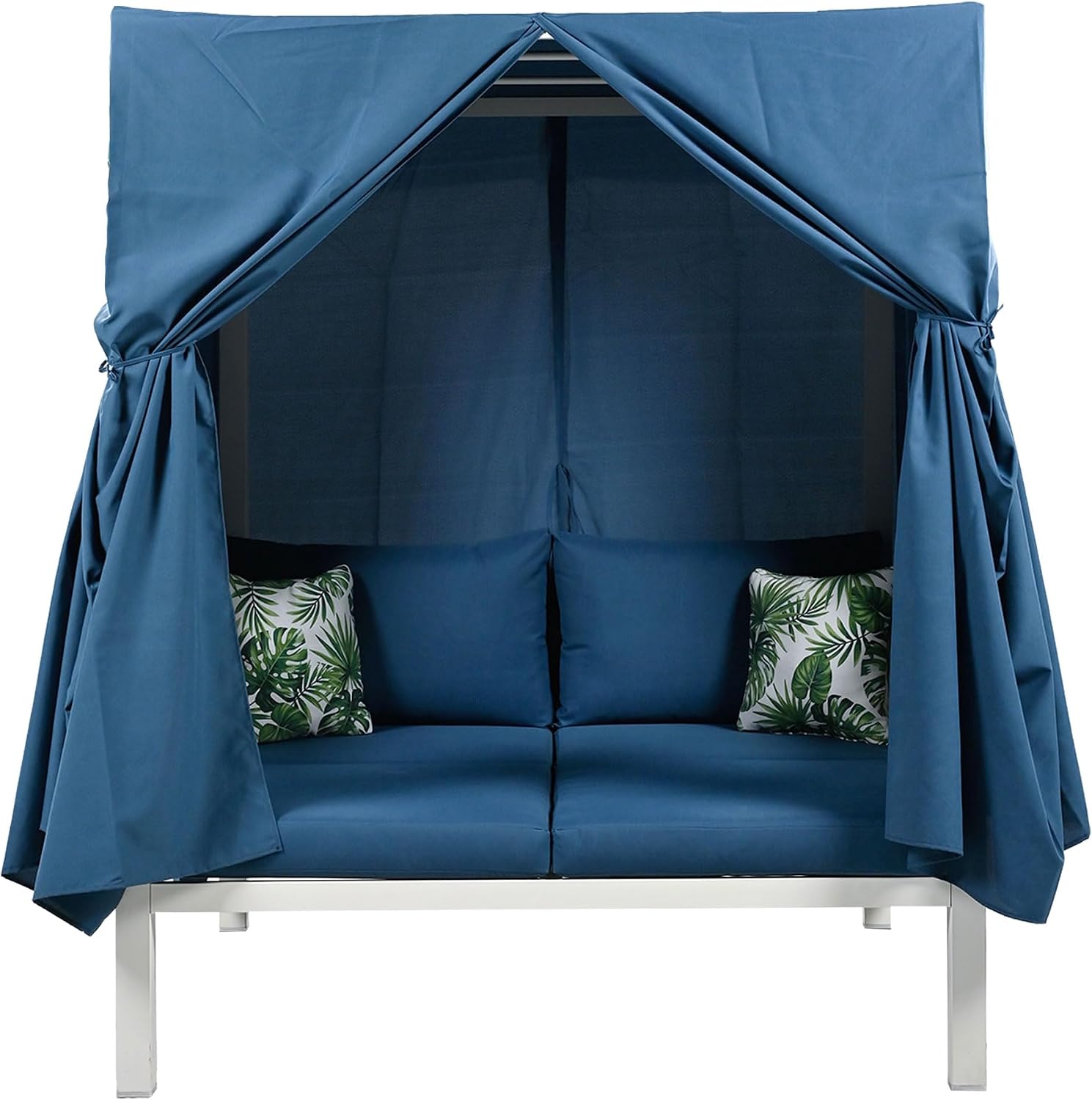 Canopy Sunbed Daybed, Outdoor Patio Furniture Rubber Core Woven Rope Sun Lounger Chair with Overhead Canopy Awning, Side Curtains and Thicker Cushions, 2-4 Person Outdoor Sofa Bed Seating (Blue)