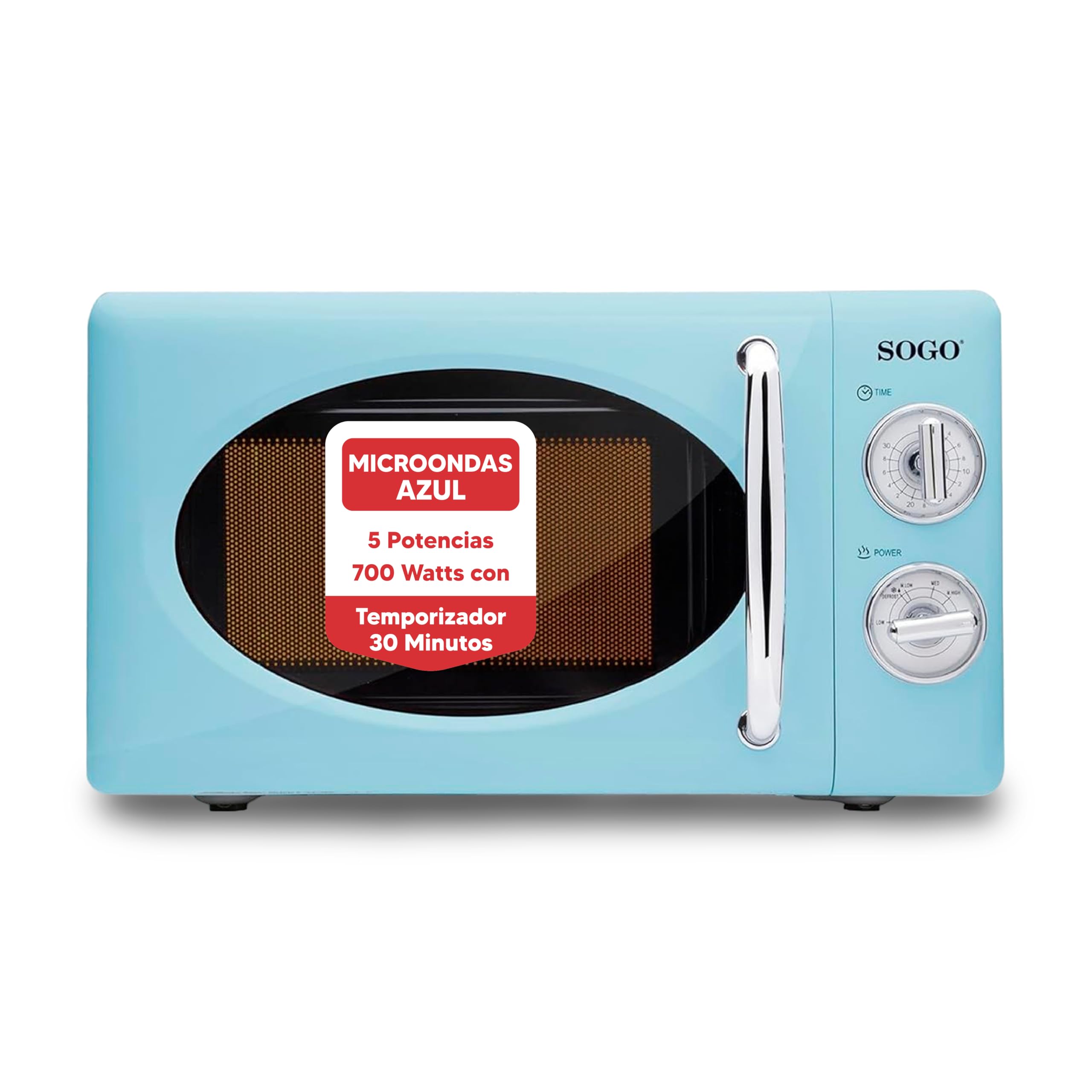 SOGO Microondas Azul Vintage 20L con 5 Potencias y Función Descongelar - Microondas Retro sin Grill 700W con Temporizador 30 Minutos - con Plato Giratorio para Cocina Retro
