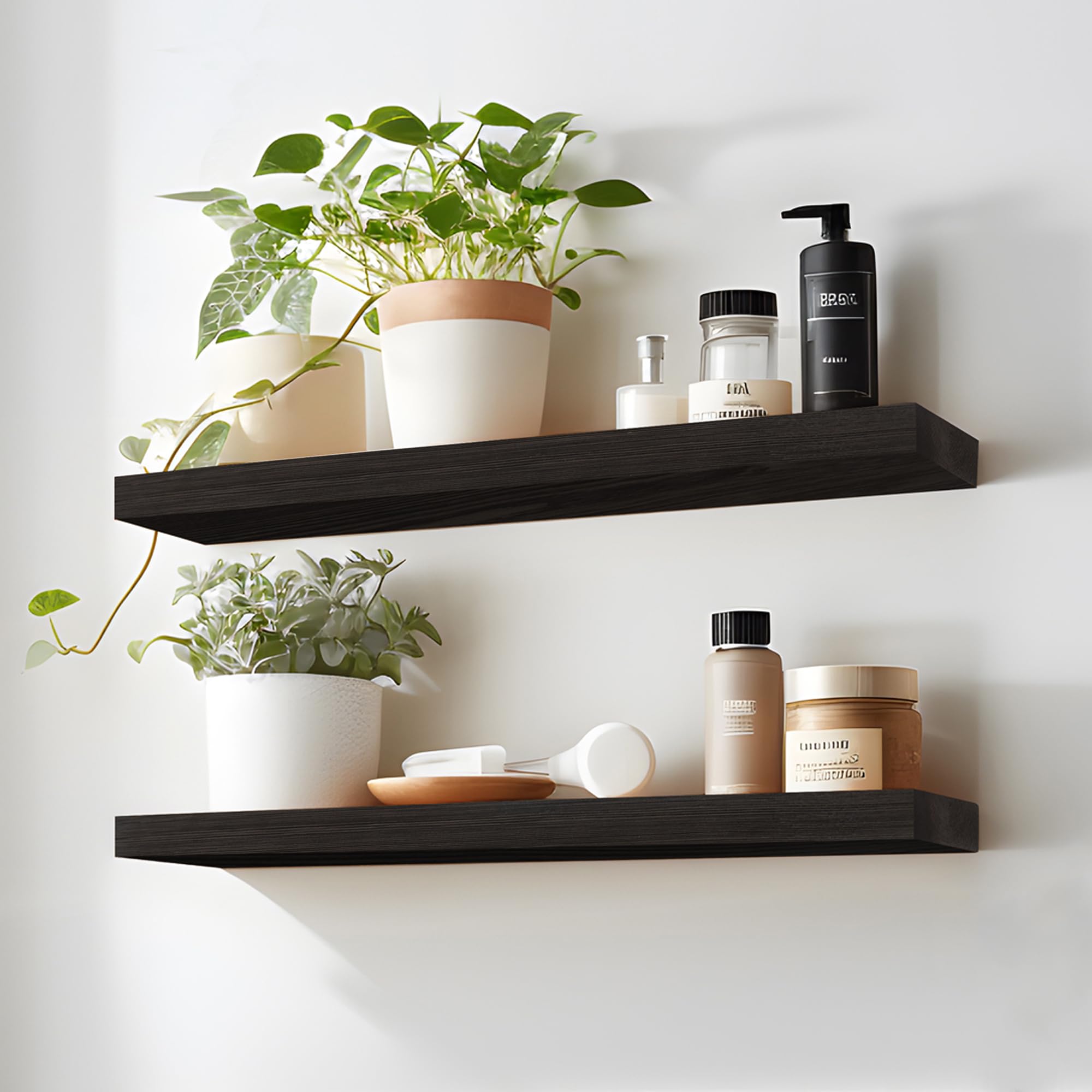 LaVie Home Floating Shelves, Floating Wood Shelves Set of 2 - Rustic Shelf 24 inch, Solid Wood Wall Shelves for Living Room Bedroom Kitchen Bathroom Farmhouse, Dark Brown