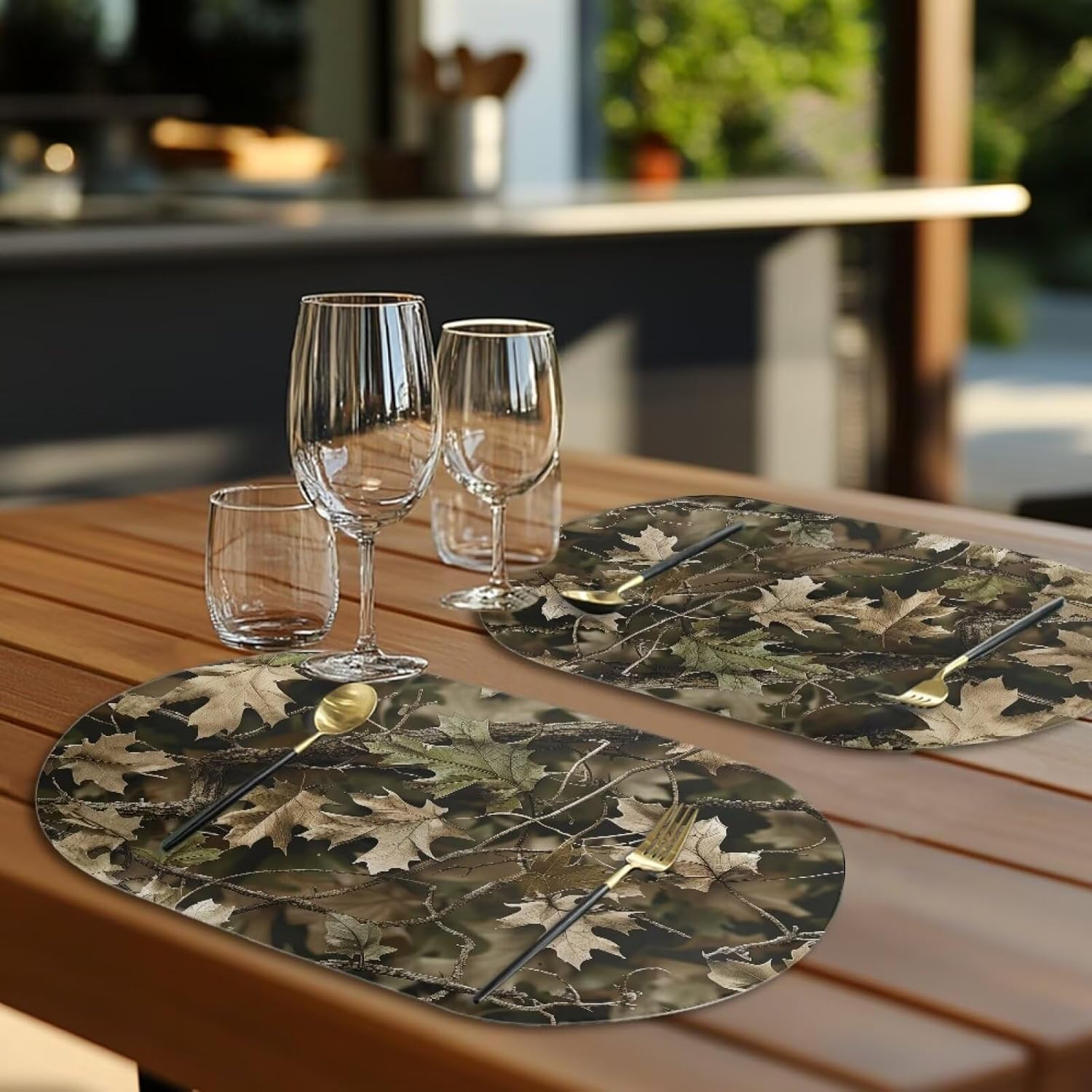 review Hunting Camo Pattern Oval Leather Placemat, Stain Resistant Placemats Oval Placemats for Dining Table Non-Slip Placemats Set Heat Resistant Placemat for Patio Table Set of 6