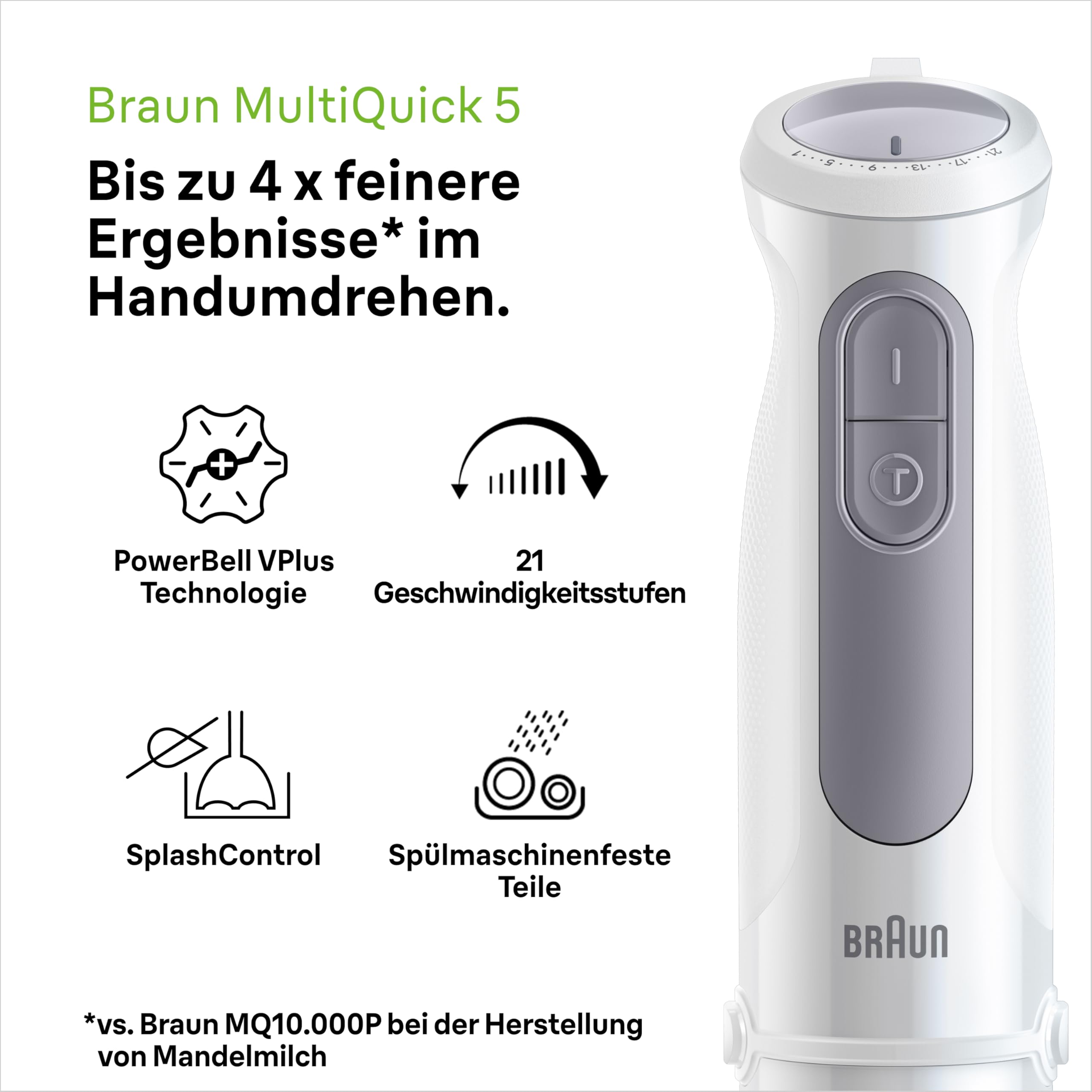 Braun MultiQuick 5 MQ 50001 M Stabmixer, 1000W, 21 Geschwindigkeitsstufen+Turbo, Edelstahl Pürierfuß, Easy Click, SplashControl, 600ml Becher, Weiß
