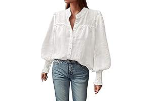 Womens Button Down Shirts 2024 Smocked Cuffed Solid Lantern Long Sleeve Blouse:...