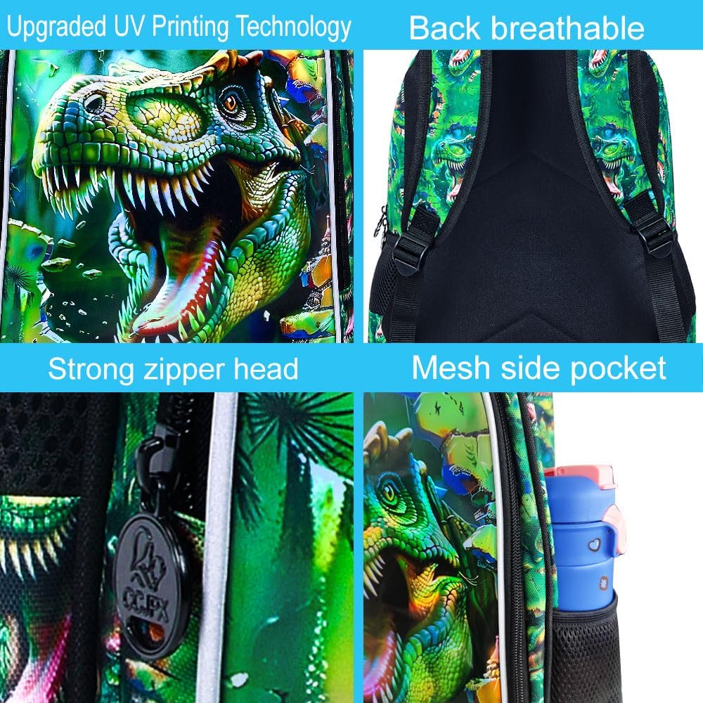 3Pcs Boys Backpack, 16" Dinosaur Bookbag for Elementary Preschool Kindergarten, Dino Kids School Backpacks with Lunch Box(Green) - Image 6