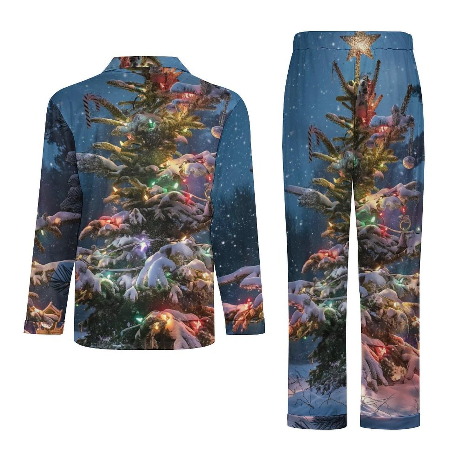 OLEETS Completo Pigiama da Uomo 2 Pezzi - Paesaggio Dell'Albero di Natale Top E Pantaloni in 2 Pezzi Pigiama Casual E Ampio A Maniche Lunghe Morbido Autunnale E Invernale.