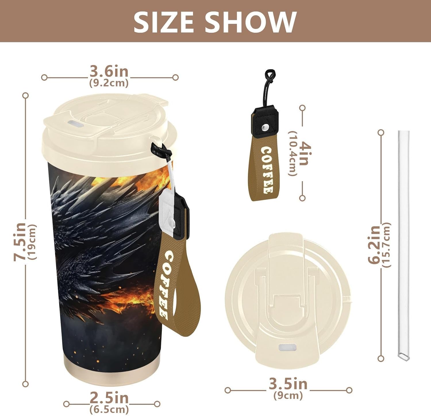 Dragon Black Cool Insulated Coffee Mug with Straw & Flip Lid, 16.9oz Iced Tumbler Cup, Double Wall Vacuum Leak-Proof Mug for Travel Office