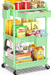 SUNALLY 3 Tier Rolling Cart with Drawer, Craft Storage Cart Organizer,Green