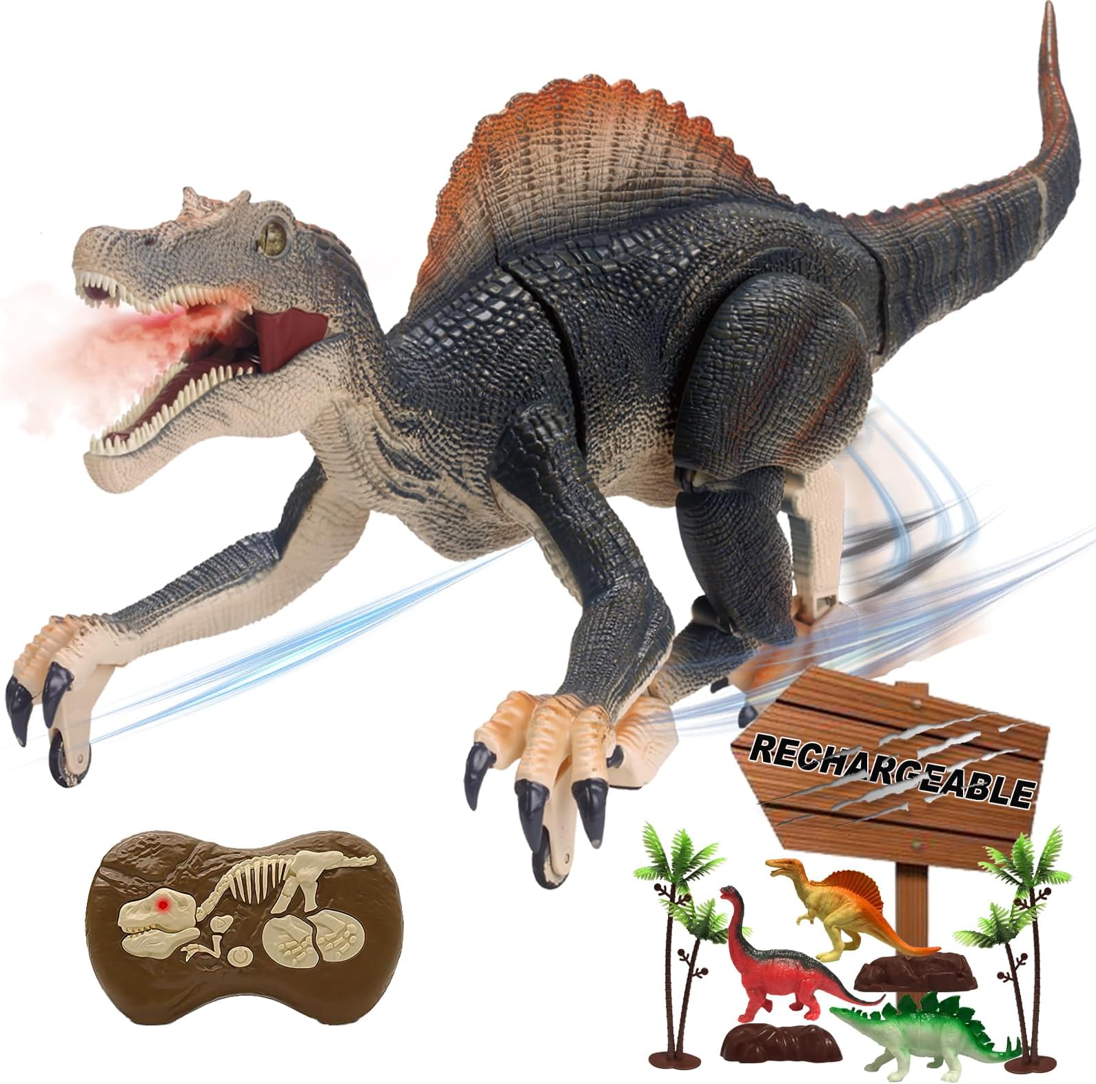 BUBUQE Remote Control Dinosaur Toys for Boys Electronic RC Spray Raptor Toy Walking Roaring Jurassic Spinosaurus Realistic 18.1" Dino Rechargeable Birthday Gift for Kids