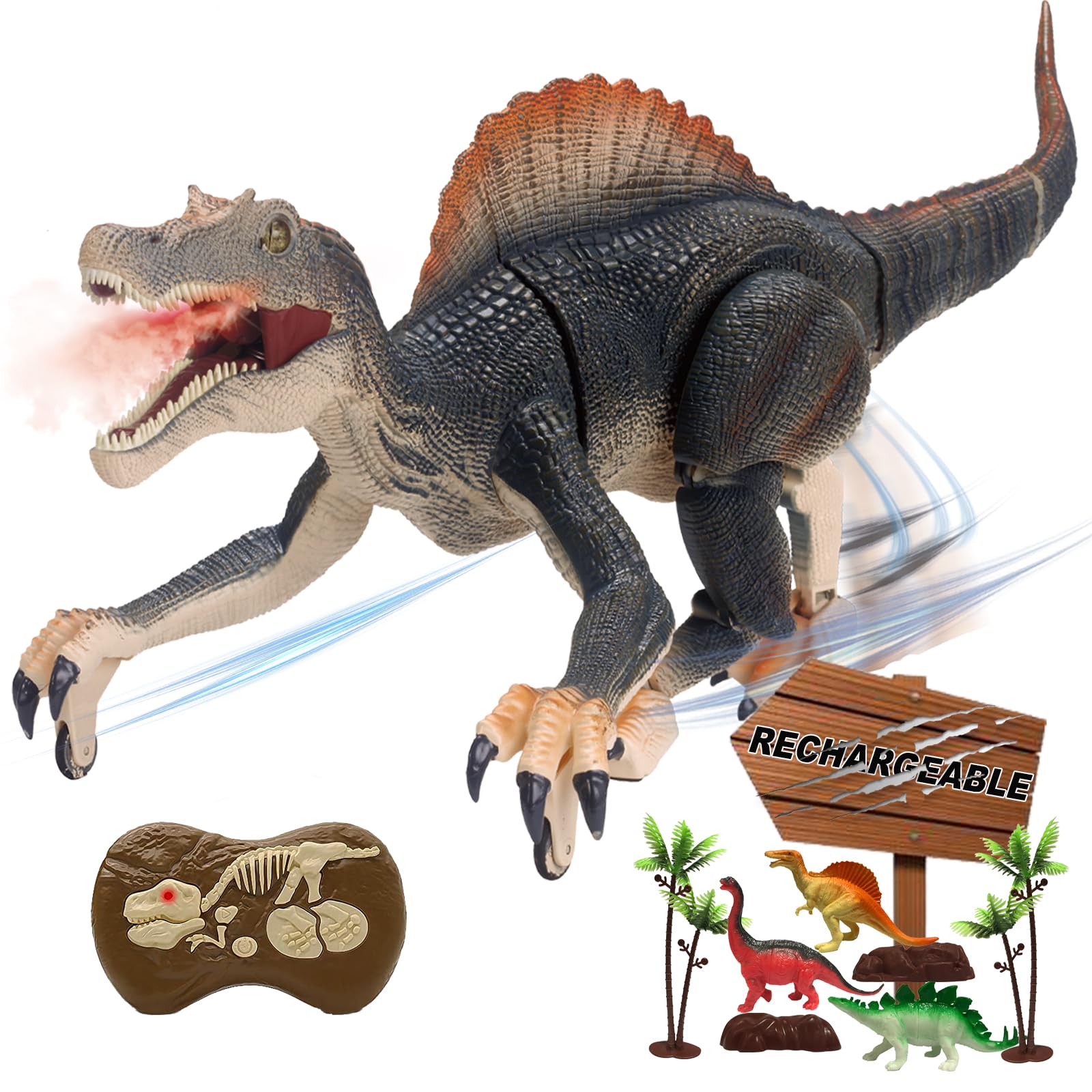 BUBUQE Remote Control Dinosaur Toys for Boys Electronic RC Spray Raptor Toy Walking Roaring Jurassic Spinosaurus Realistic 18.1" Dino Rechargeable Birthday Gift for Kids 3 4 5 6 7 8