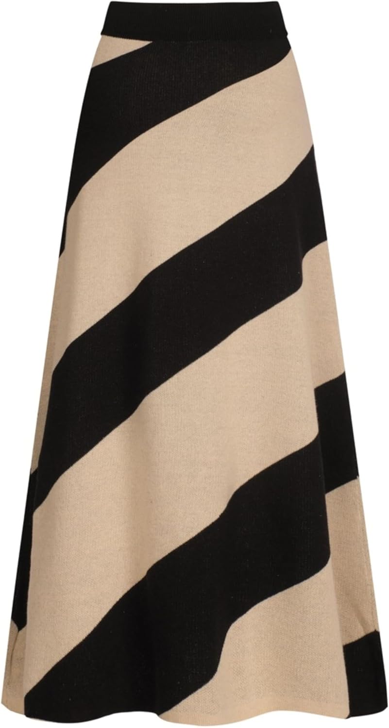 OXKnit Knittd Midi Skirts for Women, 1960s Mod Style Casual Retro Black Apricot Stripes High Waist A Line Cotton Skirts