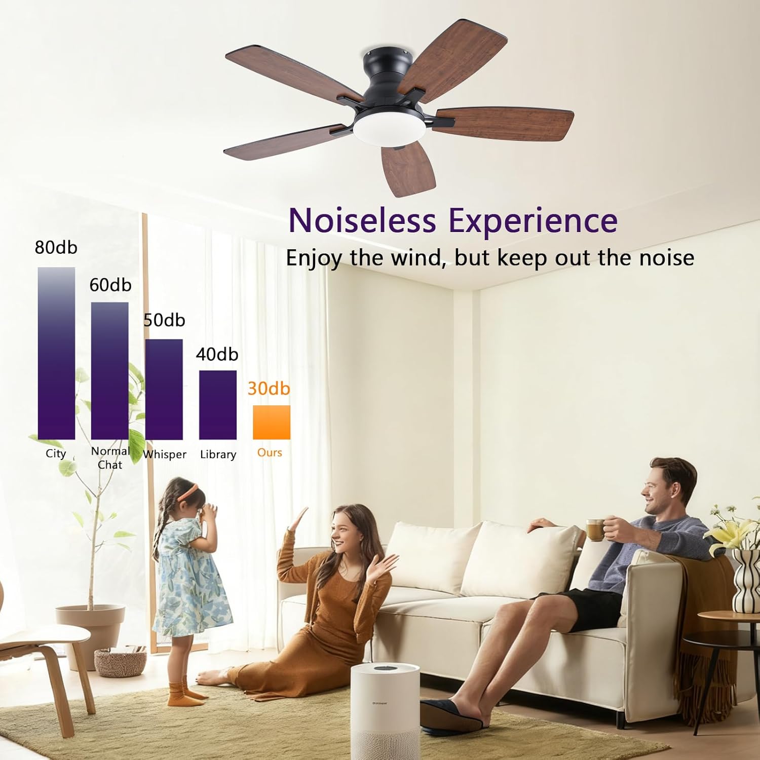 NKPU 42inch Ceiling Fans with Lights, Low Profile Ceiling Fan with Light and Remote/APP Control, DC Reversible Motor, Noiseless, Flush Mount, Brown Ceiling Fan for Bedroom Indoor/Outdoor Use