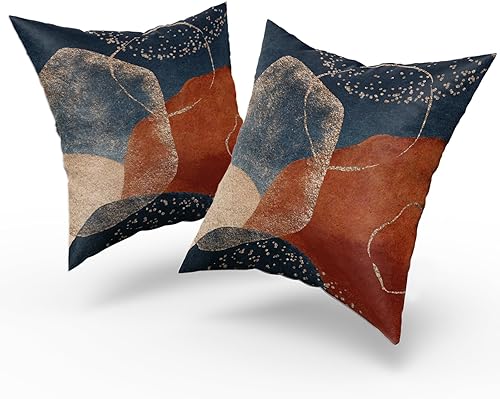 Miniatura 8 de Juego de 2 fundas de almohada bohemias de 18 x 18 pulgadas, color azul marino y naranja quemado, para exteriores, estilo bohemio, de mediados de