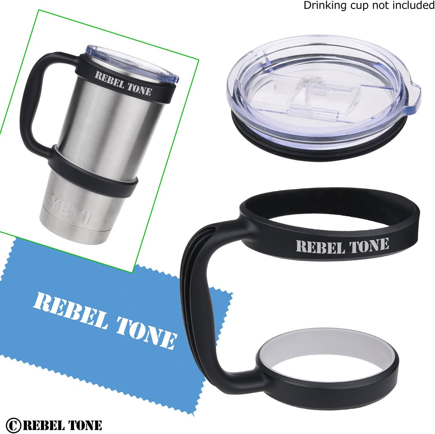 Handle Grip and Slide Lid for Yeti Rambler Tumbler 20 oz - Non Leaking Slide Lid - Yeti Rambler Lid Replacement - Firm Grip - Turns Your Yeti Cup into a Mug - with Rebel Tine Cloth and Retail Pack