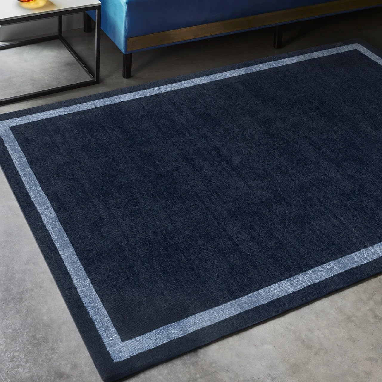 Hand-Tufted Wool Area Rug – Elegant Solid Border Design Soft Area Carpet for Modern Living Room, Bedroom & Home Decor 9 x 13 Ft Blue