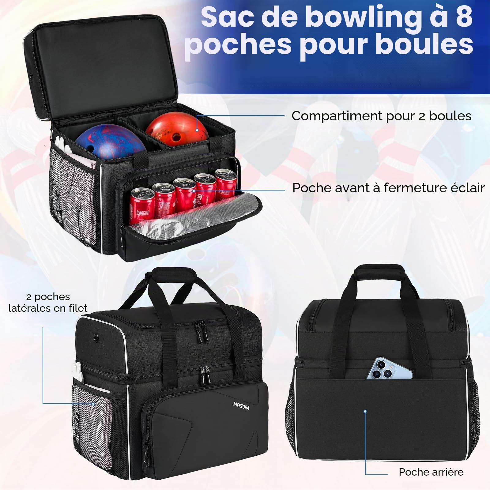 Sac à balles de bowling avec coussin rembourré amovible et support de balle, convient pour une seule paire de chaussures de bowling jusqu'à la taille 16 pour homme, noir