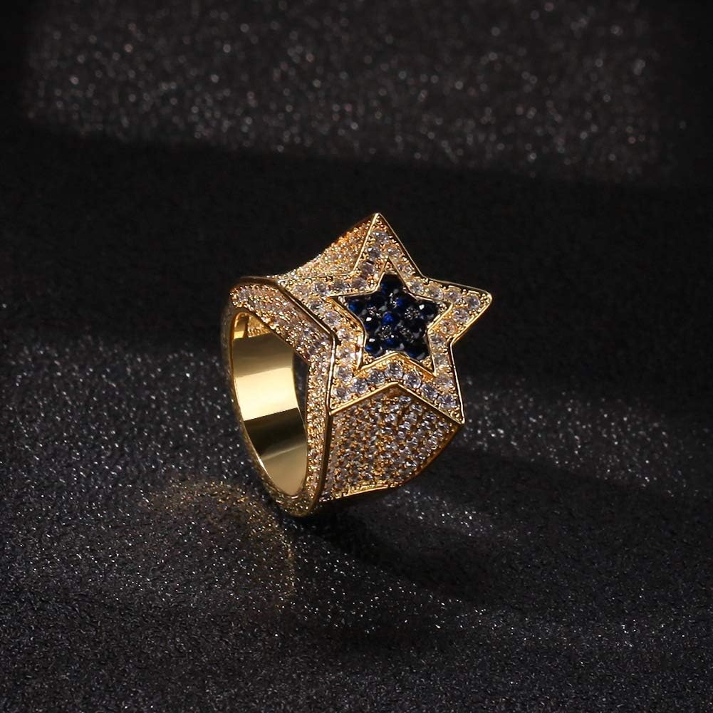 Iced Out Sapphire Five-Pointed Star Ring 18K Gold Plated Bling CZ Simulated Diamond Hip Hop Ring for Men Women