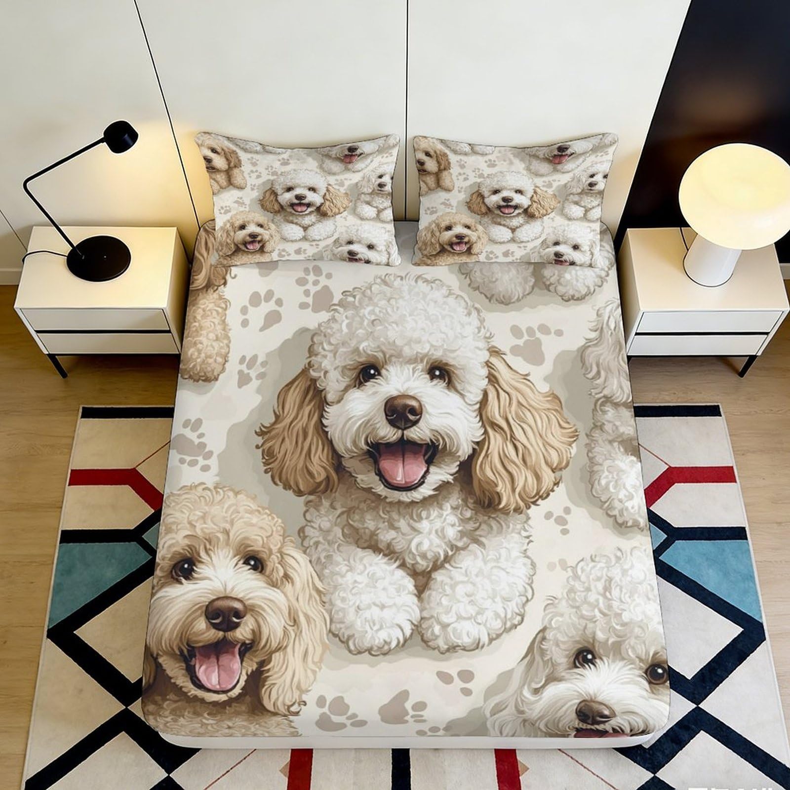 3D Printed Cartoon Poodle Dog Fitted Sheet Microfiber Soft Breathable Paw Pattern Mattress Cover for Bedroom Guest Room 140x200x25cm