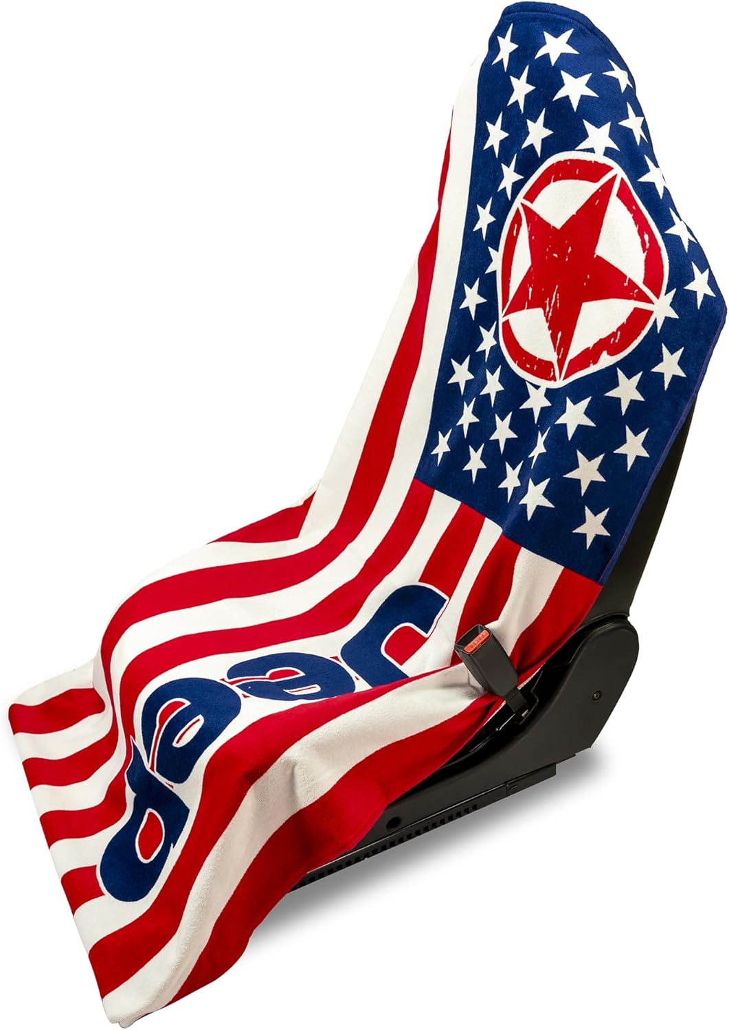 Towel2Go Seat Cover with Jeep American Flag Logo - Red, White & Blue - Soft Machine Washable Car Seat Protector - Easy to Install