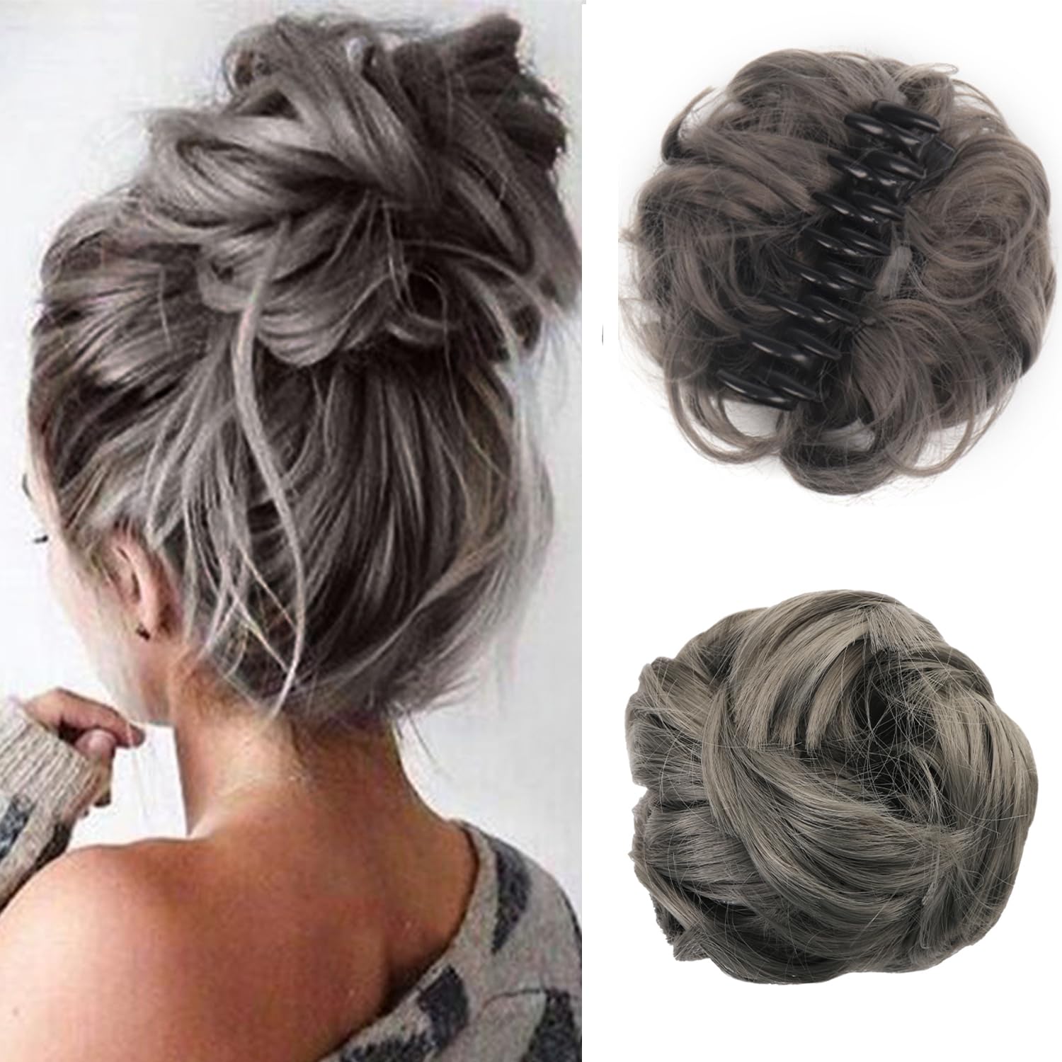 UHOMENY hair clip with hair clip messy bun large bun curly hair bun curly hair synthetic hair curly hair accessories for women grey and white