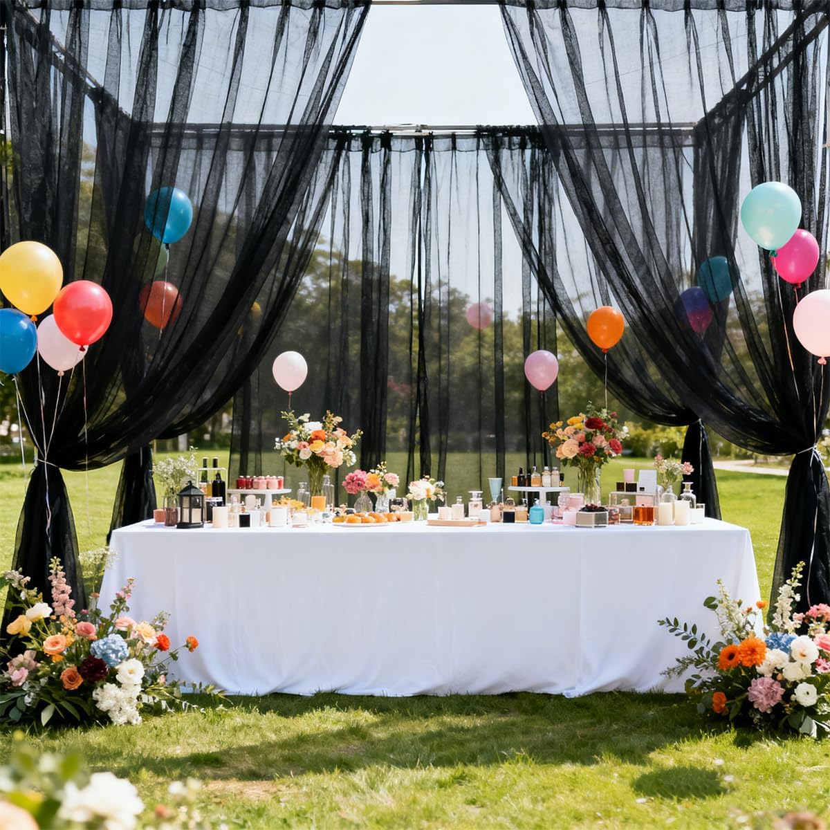 Extra Wide Outdoor Curtains Waterproof Mesh Screen for Patio Lightweight Privacy Net Curtains Breathable Sheer Drapes for Patio Porch Balcony, 2 Panels, Black, W125 x L98