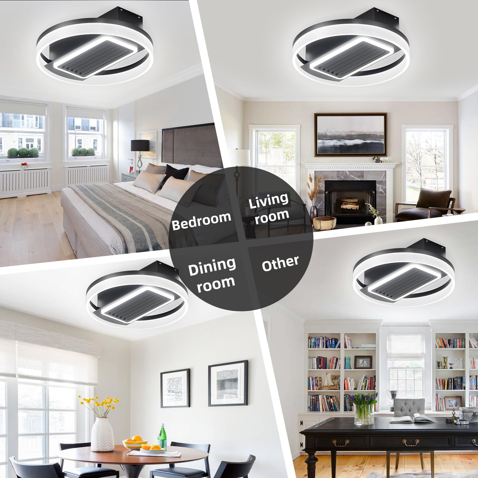 OLUZO Crystal Bladeless Ceiling Fan with Light, LED Free Dimming Ceiling Lamp, 6 Wind Speed Settings Lighting Ceiling Fan, 20-Inch Remote Control Ceiling Light with Fan (Black)