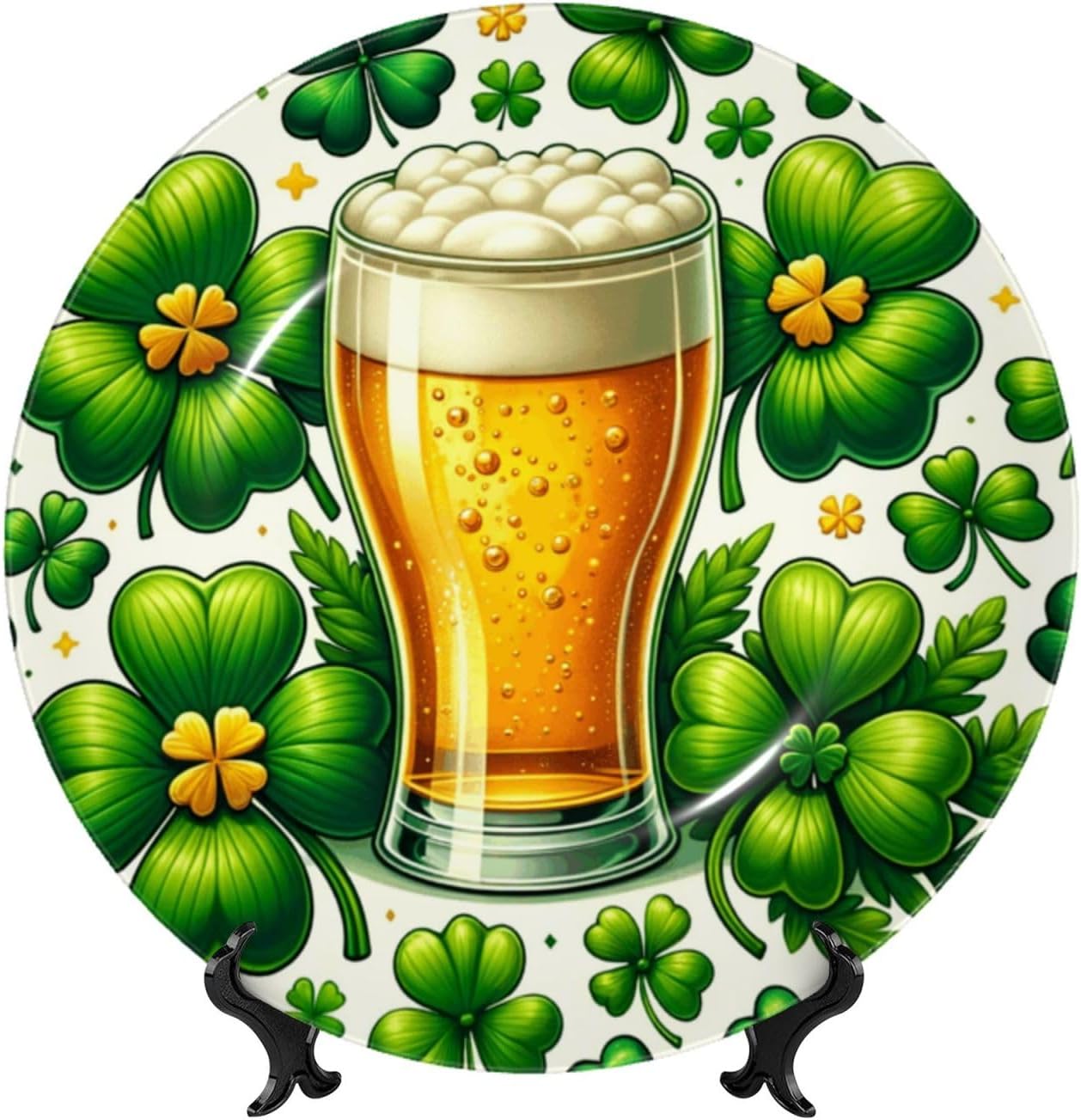 St-Patricks-Shamrock-Beer 10 Inch Decorative Plate With Stand, Elegant Display Wall Plate For Home Decor