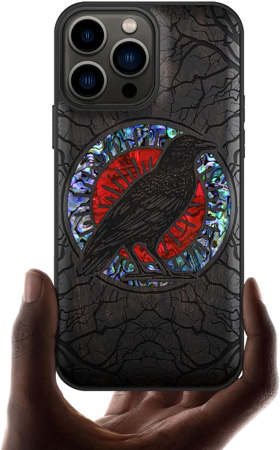 Carveit Designer Wooden Protective Case for iPhone 13 Pro Max Magnetic Cover [Wood Engraving & Shell Inlay] Compatible with 13 Pro Max MagSafe (The Haloed Crow-Blackwood)