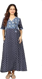 Evolove Cotton Maxi Nighty for Women with Side Pocket | Floral Print V-Neck Short Sleeves Full Length Night Wear Gown Price In India