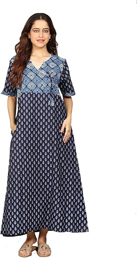 Evolove Cotton Maxi Nighty for Women with Side Pocket | Floral Print V-Neck Short Sleeves Full Length Night Wear Gown