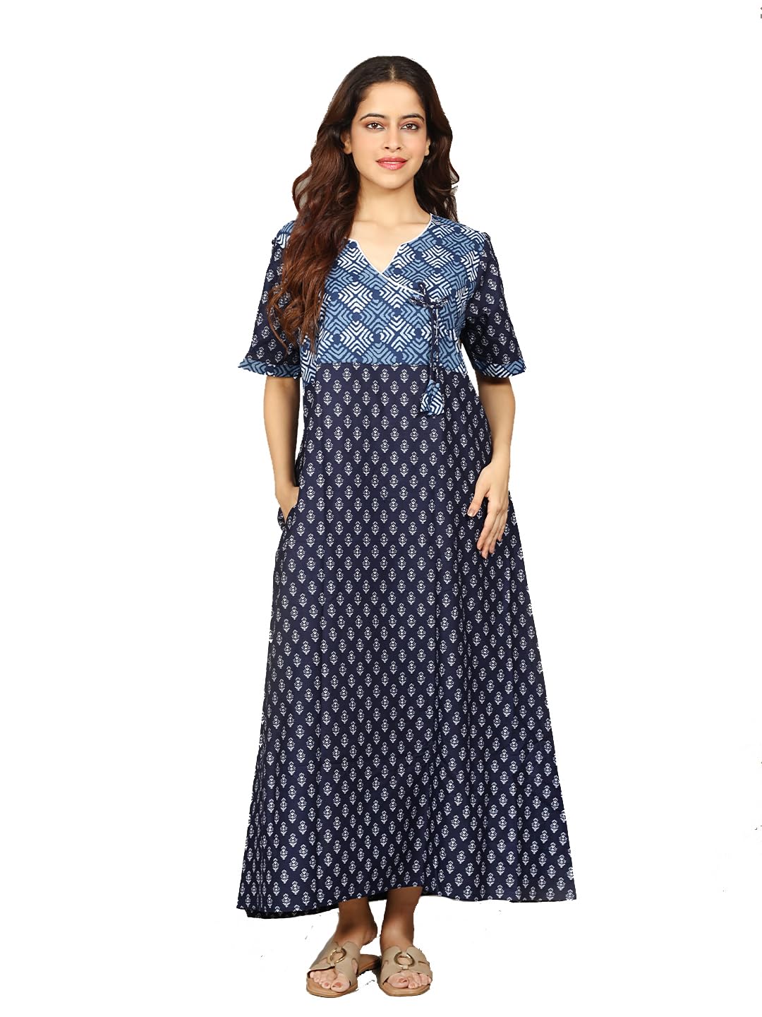 Evolove Cotton Maxi Nighty for Women with Side Pocket | Floral Print V-Neck Short Sleeves Full Length Night Wear Gown - Review, Price and Buying Guide
