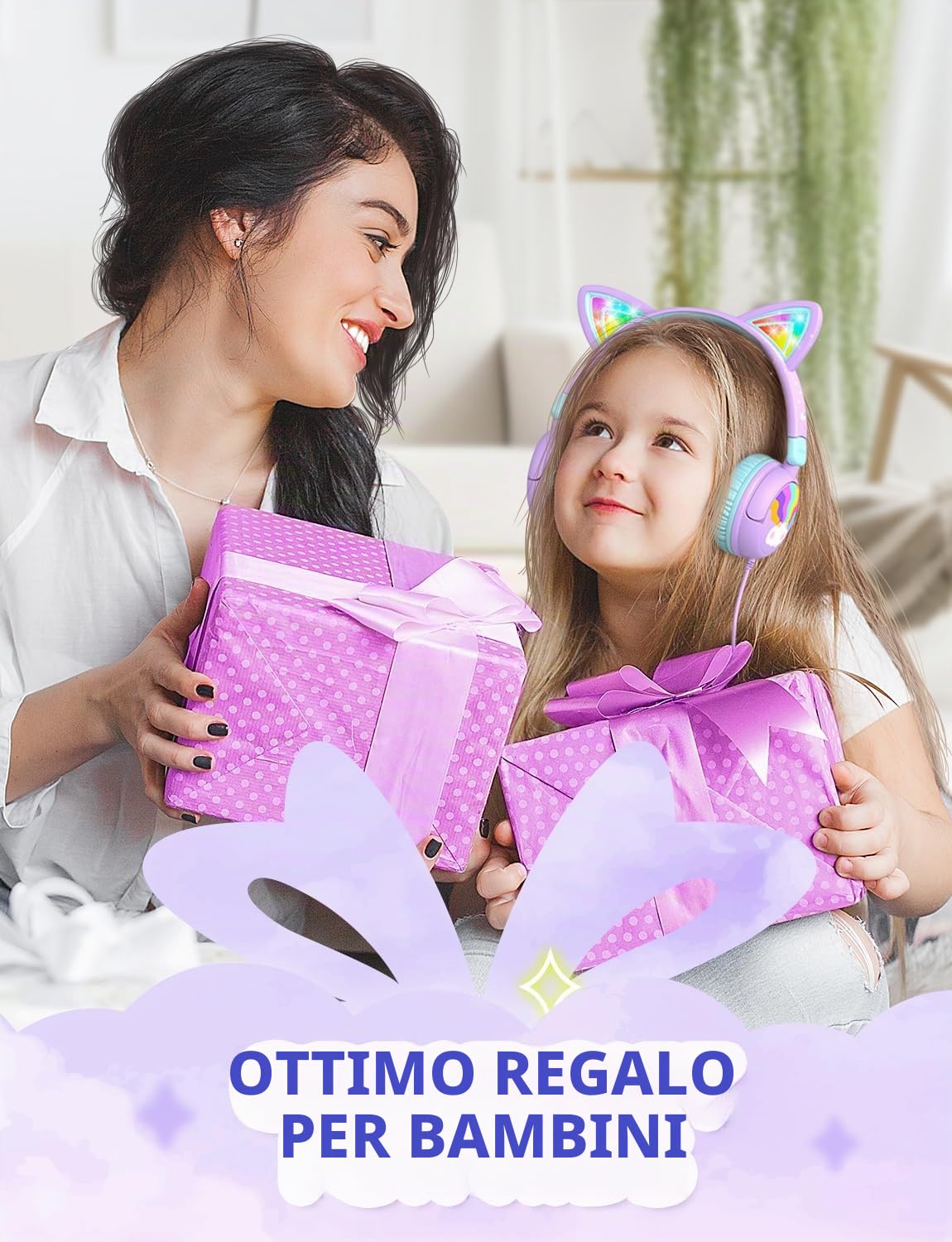 iClever Cuffie per Bambini, Orecchie da Gatt Illuminazione a LED, Volume Sicuro di 85dBA, Cuffie Bambina dal Suono Stereo, Pieghevoli con Cavo da 3.5 mm per iPad Tablet Viaggi Scuola