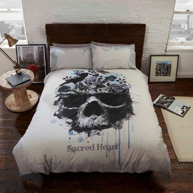 Sacred Heart Single Bed Duvet Cover and Pillowcase Set Gothic Skull, Polyester, Multi