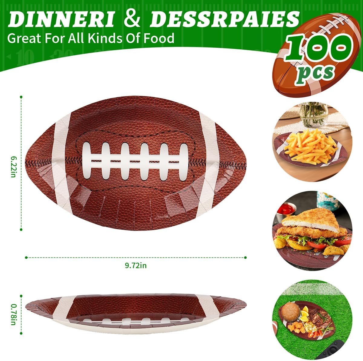 AVONO 100PCS Football Party Paper Plates, Disposable Football Shaped Plates, Perfect for Super Bowl Game Day Birthday Party Supplies Decorations - Image 2