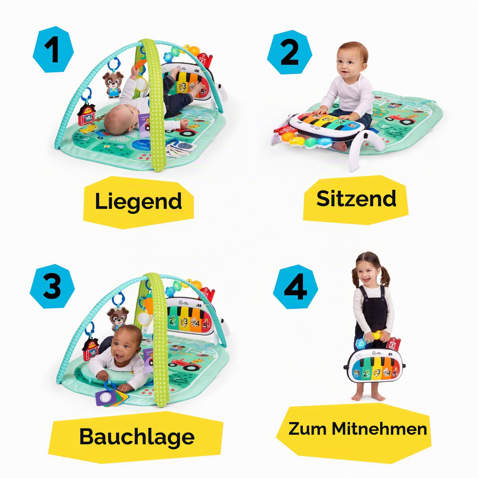 Baby Einstein Farm Explorers 4-in-1 Kickin' Tunes Musical Meadow Musik- & Sprachentdeckungs-Spielbogen, Spielmatte mit Kick-Piano, ab 0 Monaten