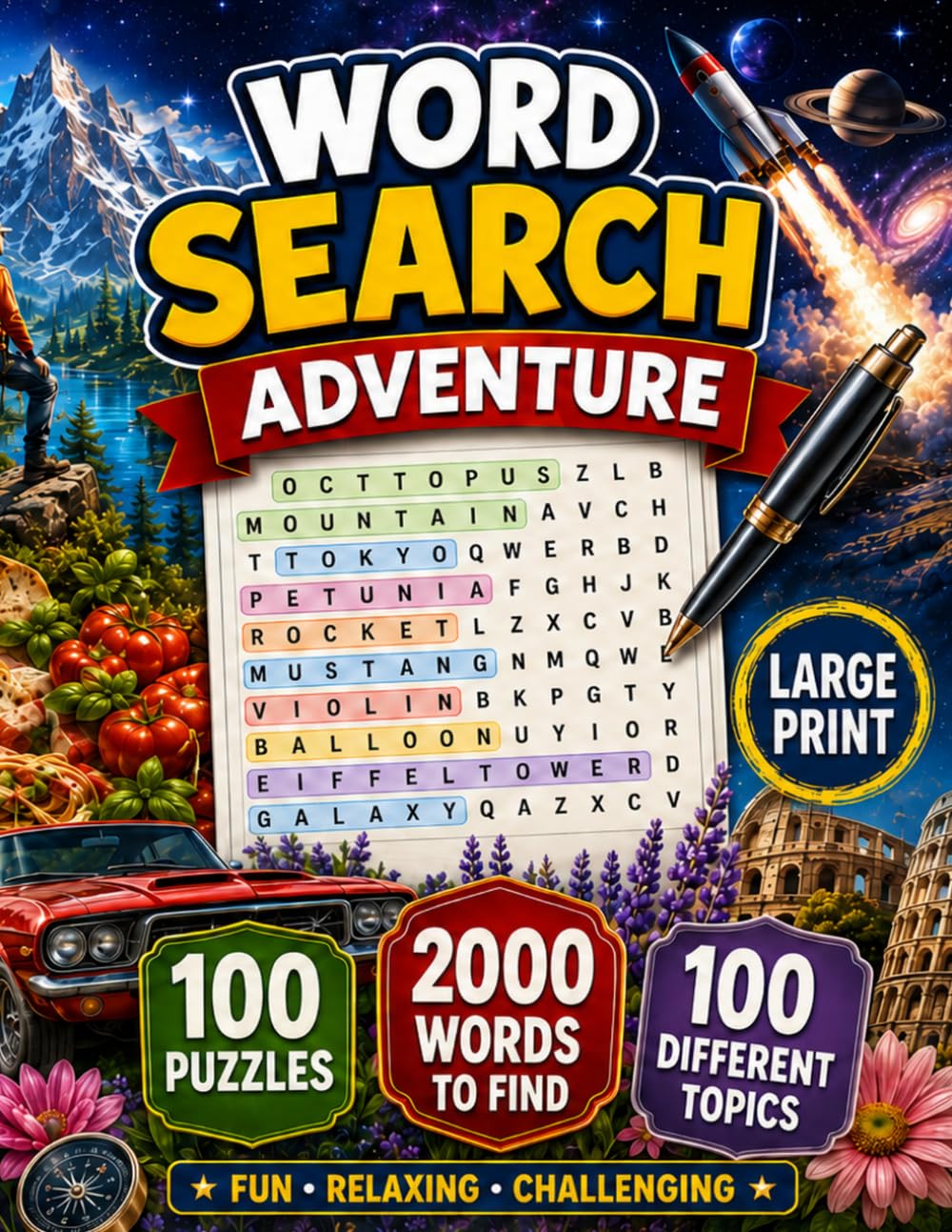 Word Search Adventure: 100 Large Print Puzzles Across 100 Fun Topics with 2,000 Words to Find for Adults, Seniors and Teens