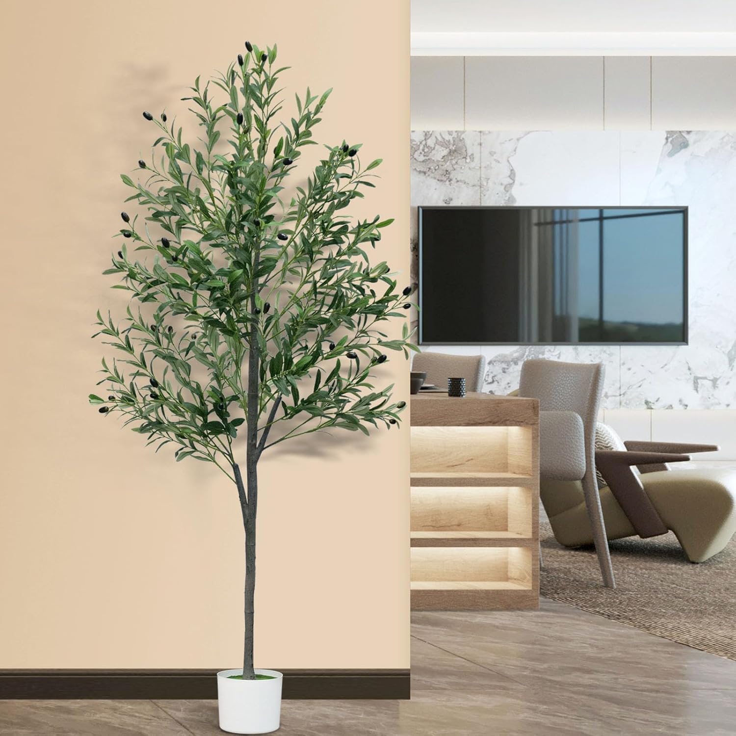 6FT Artificial Olive Tree,Artificial Plants Indoor,Faux Olive Tree Indoor with Natural Wood Trunk and Realistic Leaves and Fruits for Home Office Decor - Image 5