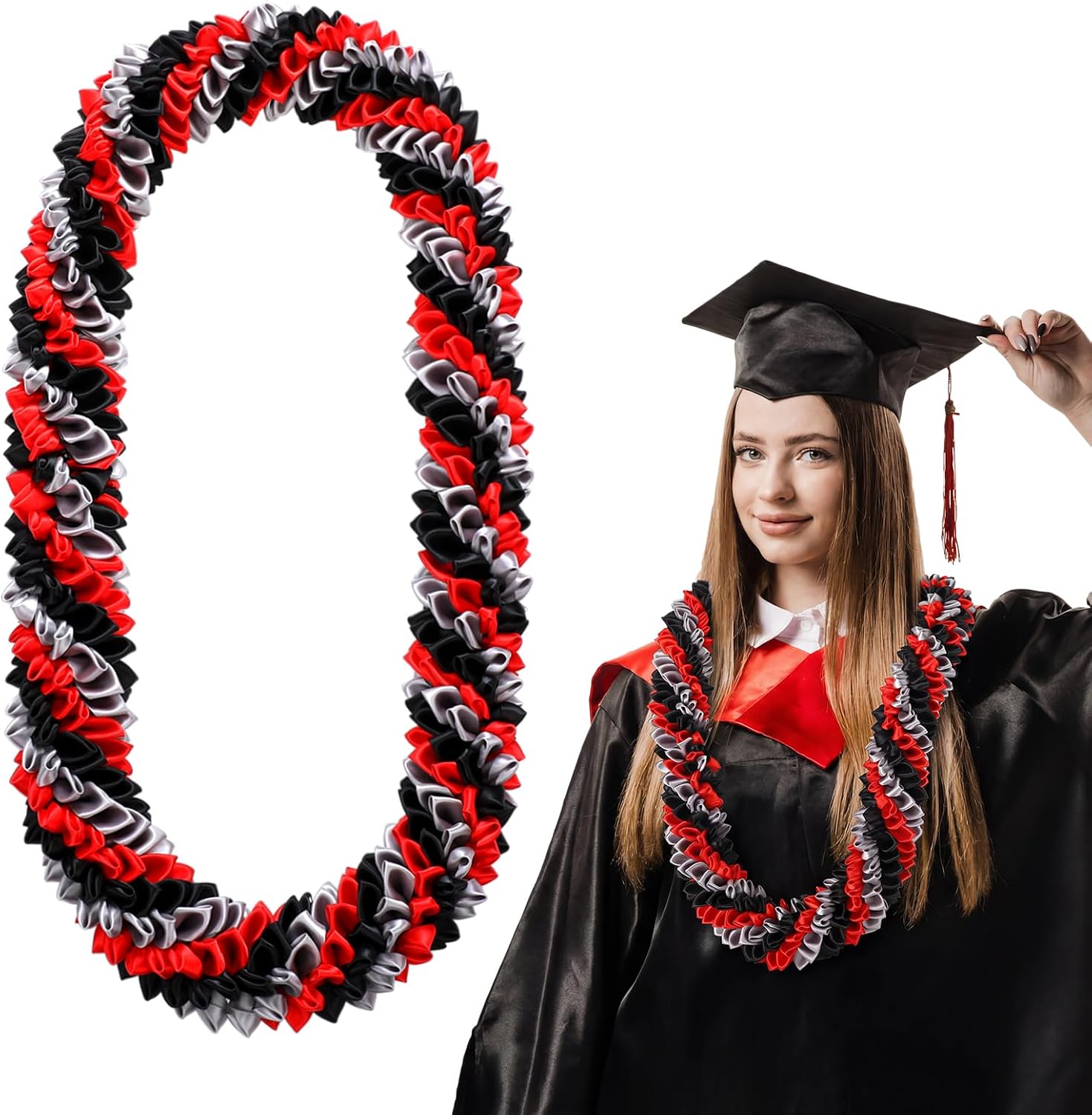 Suncalla 43" 2026 Graduation Lei Double Braided Strands Ribbon Lei Necklace Hawaiian Flower Garland for Class of 2026 Graduation Party Supplies