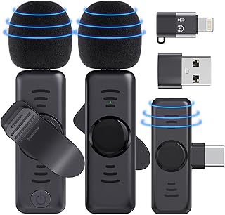 Wireless Lavalier Microphone for iphone/Android phones/PC/Laptop/USB C device, 2 Pack Mini Lapel Mic clip on microphone for Video Recording,Interview,Vlog Auto Sync and Noise Reduction