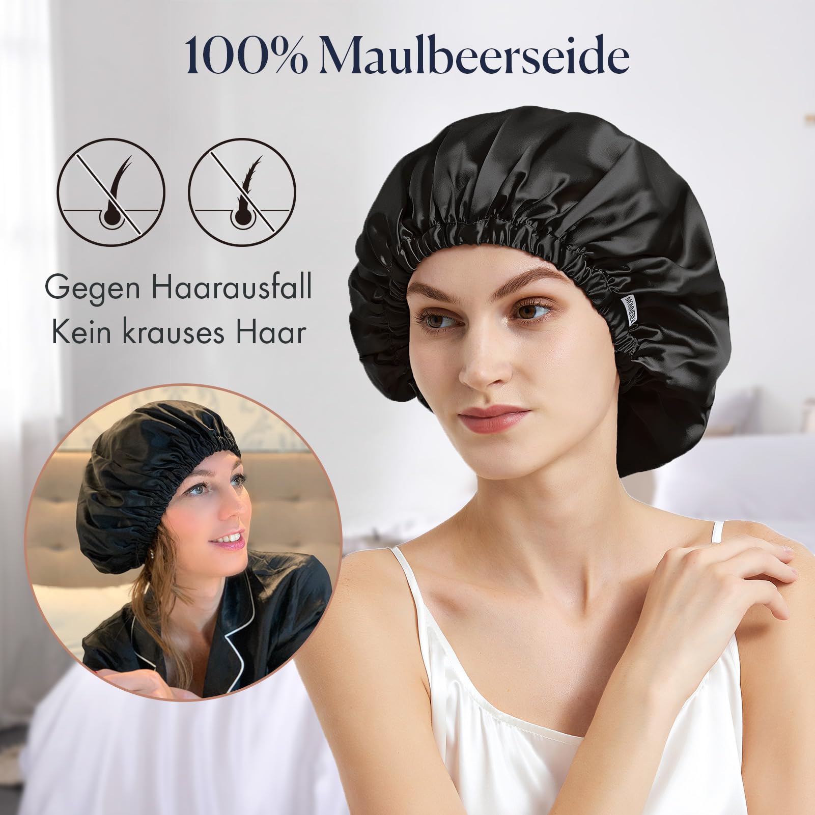 Mommesilk 100% Seidenmütze Damen 22 Momme Große Seidenschlafmütze Elastisches Band Seiden Turban für Frizziges Haar Schadensvorbeugung